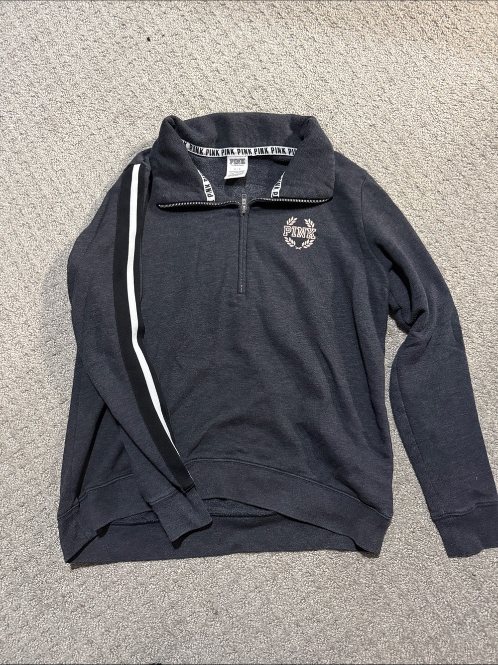 PINK Victoria's Secret Men's Black Half-Zip Sweatshirt with White Sleeve Stripe